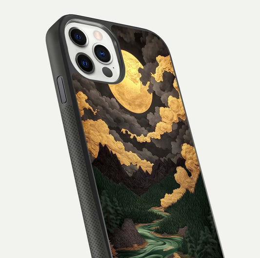 Golden River Moon Glass Case for iPhone 11 Pro front and back view layout displaying celestial glow and smooth curves