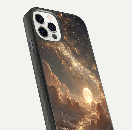 Golden Sky Dream Glass Case for iPhone 11 Pro front and back view layout highlighting celestial gold hues and curved glass
