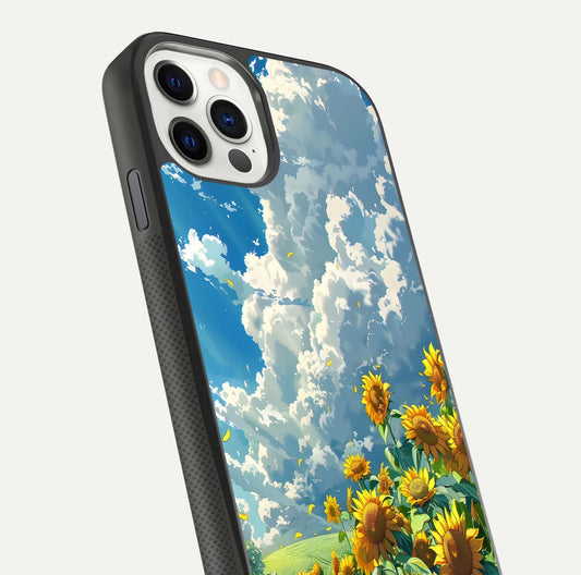 Golden Sun Glory Glass Case for iPhone 11 Pro front and back view layout displaying bright golden tones and curved edges