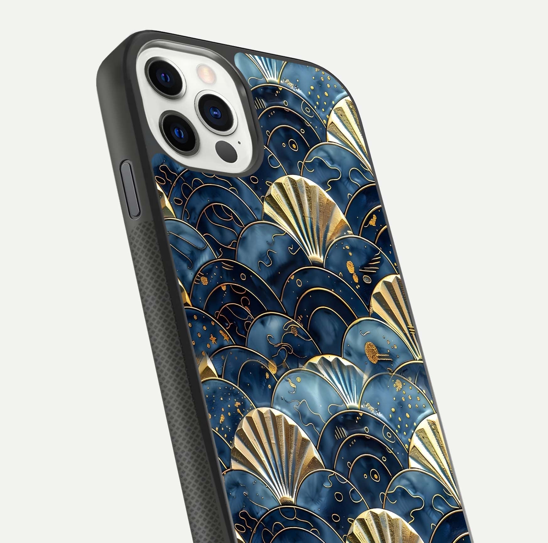 Golden Wave Luxe Glass Case for iPhone 11 Pro front and back view layout highlighting fluid gold design and curved glass