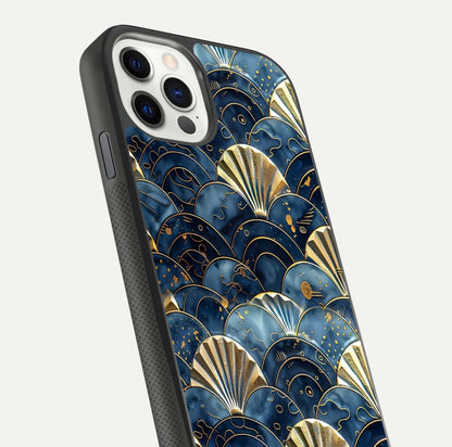 Golden Wave Luxe Glass Case for iPhone 11 Pro front and back view layout highlighting fluid gold design and curved glass