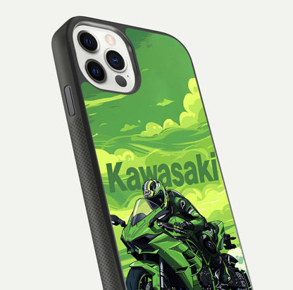 Green Kawasaki Glass Case for iPhone 11 Pro front and back view layout highlighting vivid green tones and curved glass edges