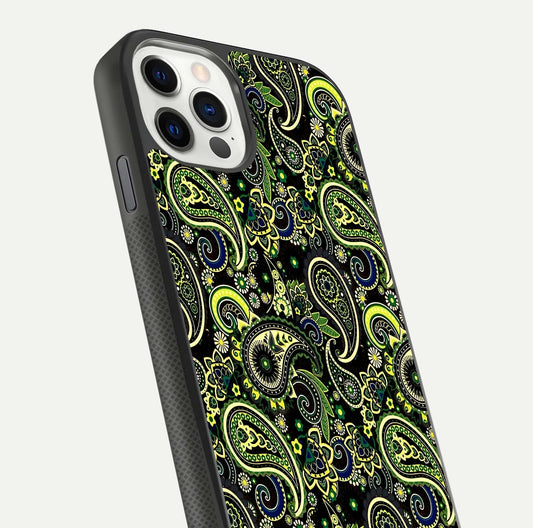 Green Mandala Pattern Glass Case for iPhone 11 Pro front and back view layout highlighting geometric art and curved glass