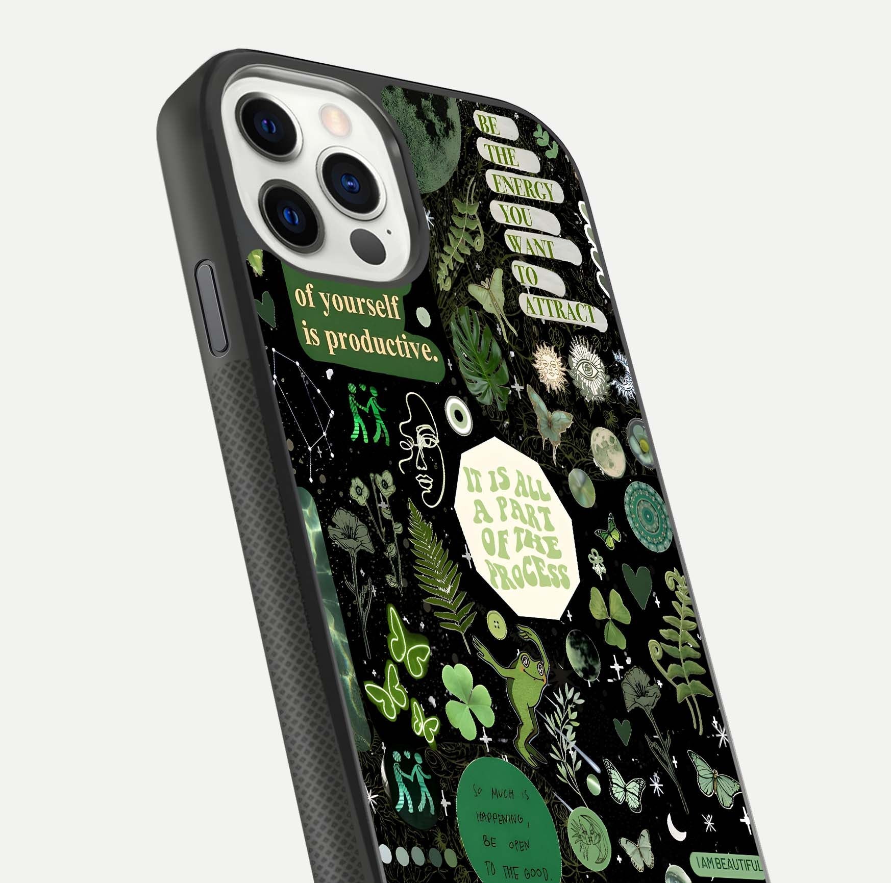 Green Moon Energy Glass Case for iPhone 11 Pro front and back view layout highlighting cosmic tones and smooth edges
