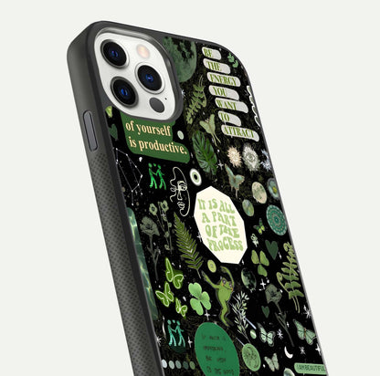 Green Moon Energy Glass Case for iPhone 11 Pro front and back view layout highlighting cosmic tones and smooth edges