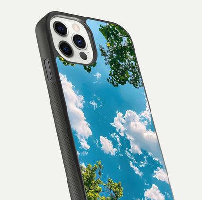 Greenery Sky Glass Case for iPhone 11 Pro front and back view layout displaying scenic green-blue gradient and curved edges