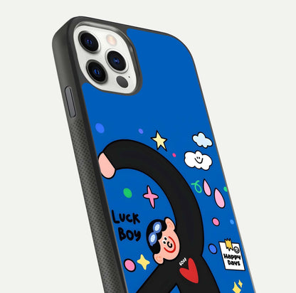 Happy Luck Vibe Glass Case for iPhone 11 Pro front and back view layout highlighting positive motif and curved edges