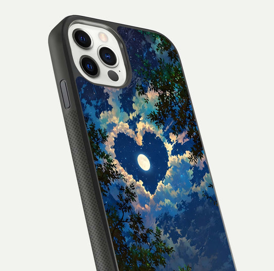 Heart with Moon Sky Glass Case for iPhone 11 Pro front and back view layout displaying celestial tones and curved glass