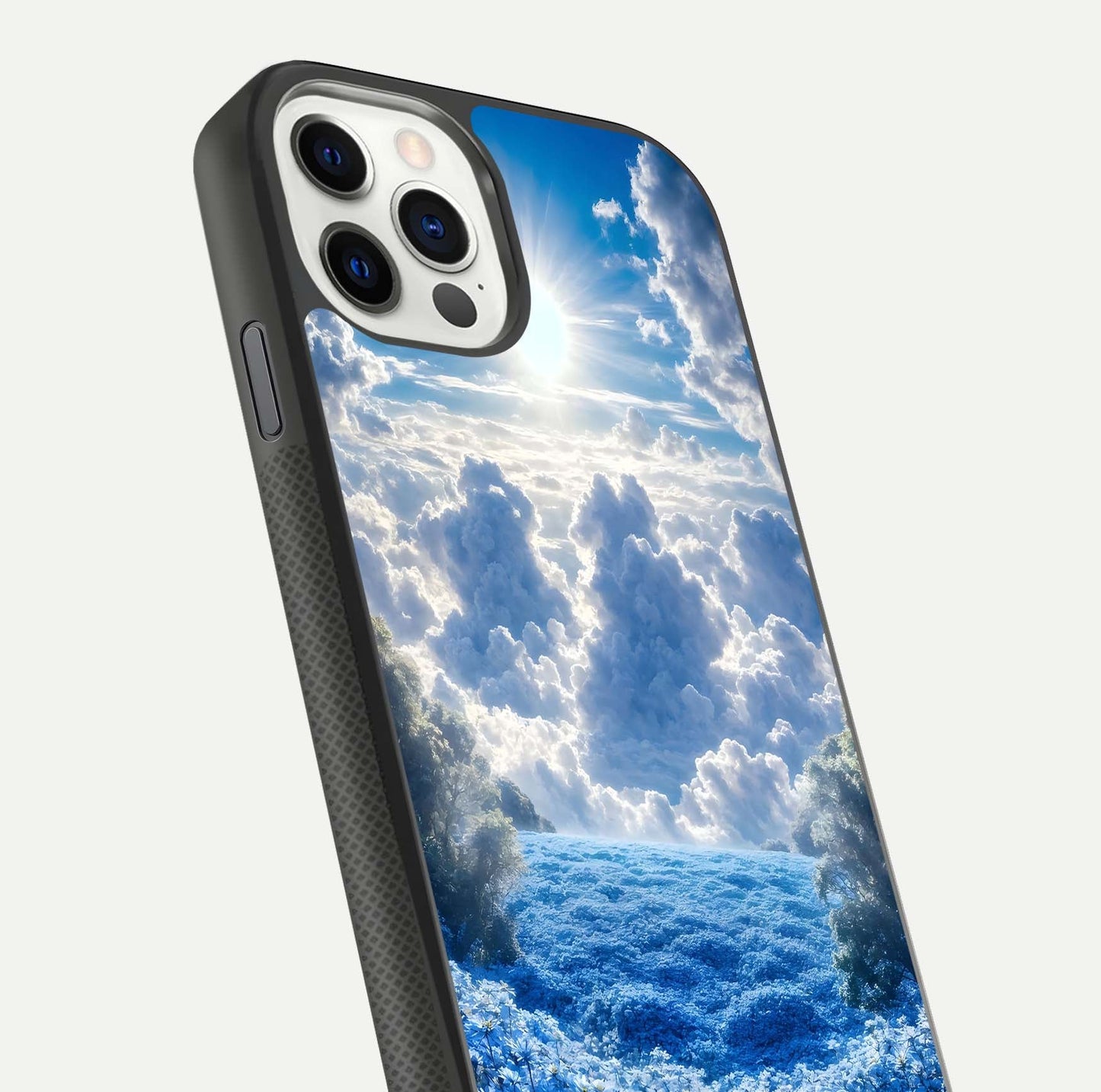 Heavenly Daisy Horizon Glass Case for iPhone 11 Pro front and back view layout highlighting floral field tones and curved edges