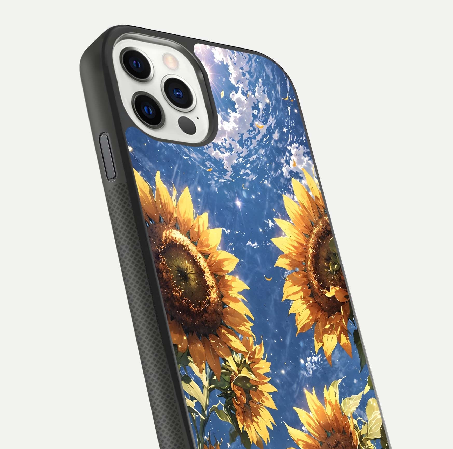 Heavenly Sunflower Rise Glass Case for iPhone 11 Pro front and back view layout highlighting golden floral tones and curved edges
