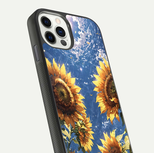 Heavenly Sunflower Rise Glass Case for iPhone 11 Pro front and back view layout highlighting golden floral tones and curved edges