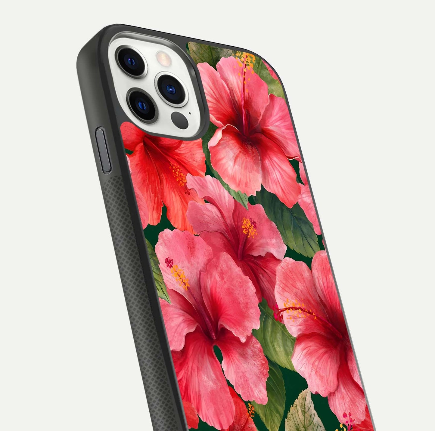 Hibiscus Pattern Glass Case for iPhone 11 Pro front and back view layout highlighting tropical design and curved glass edges