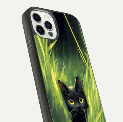 Hidden Cat Whisper Glass Case for iPhone 11 Pro front and back view layout highlighting minimalist art and curved edges