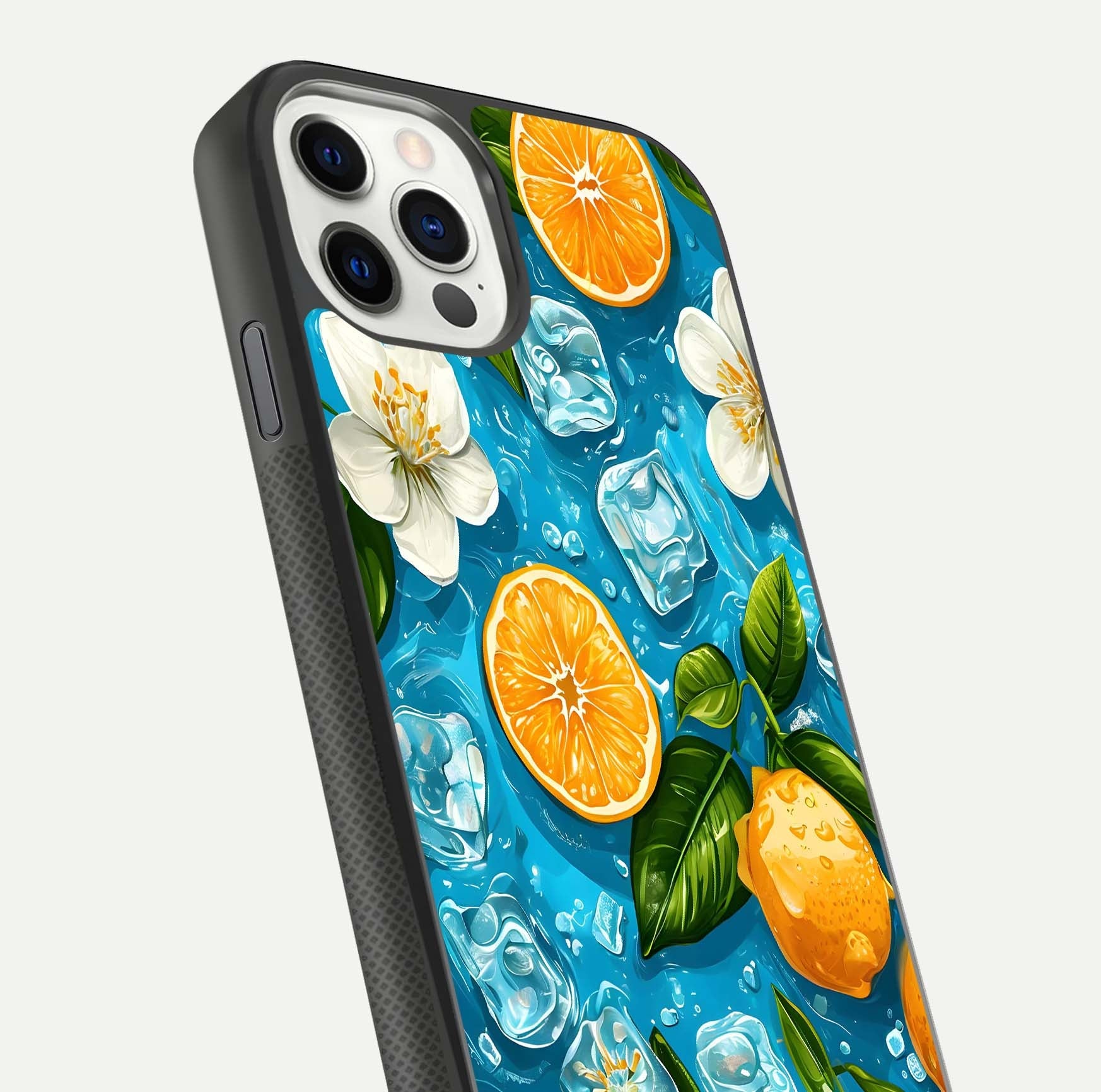 Ice Cube With Orange Glass Case for iPhone 11 Pro front and back view layout highlighting fresh orange tones and curved edges