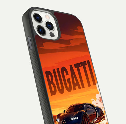 Inferno Bugatti Storm Glass Case for iPhone 11 Pro front and back view layout highlighting car silhouette and curved glass edge