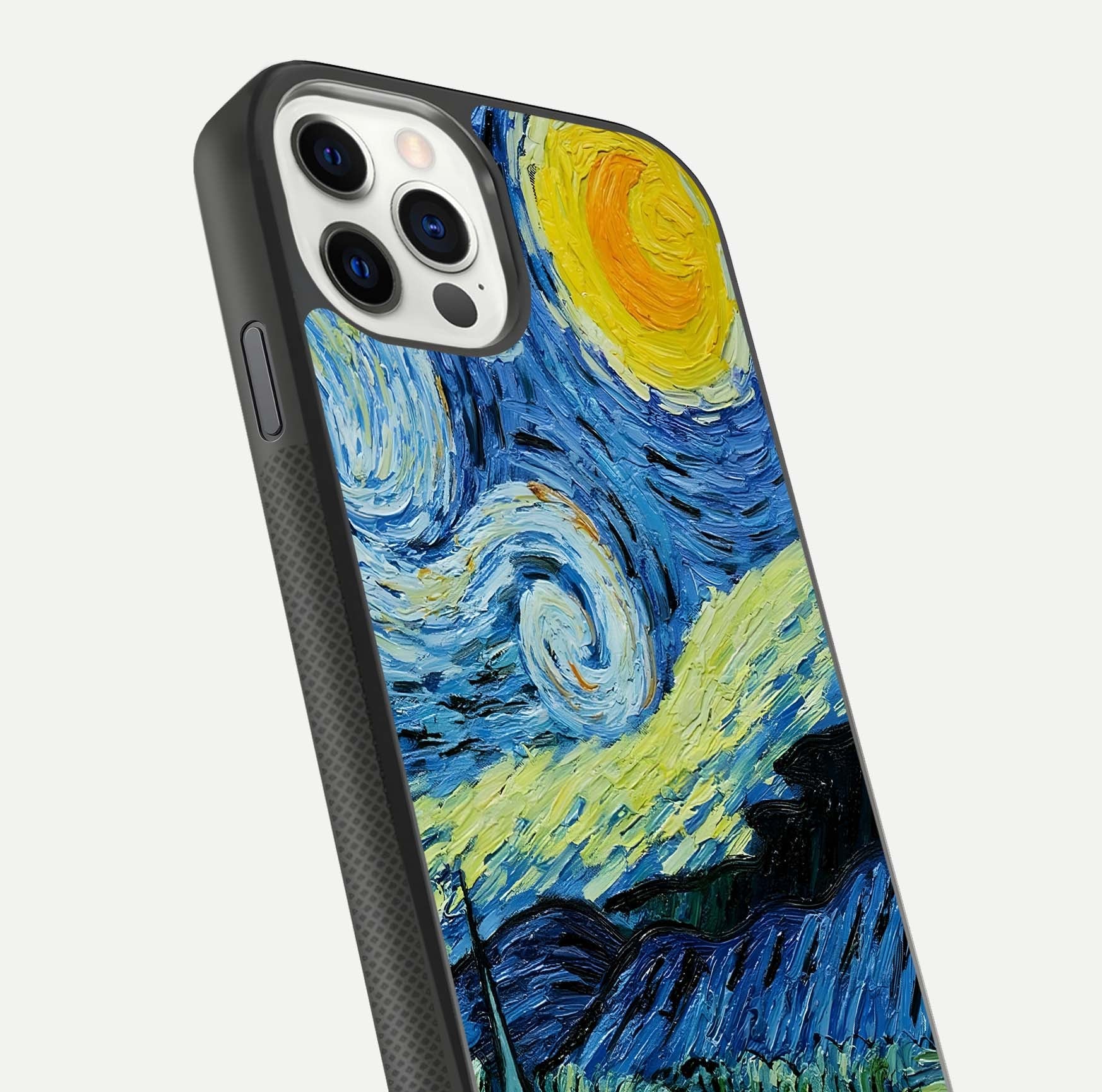 Inspired Van Gogh Art Glass Case for iPhone 11 Pro front and back view layout displaying vivid color tones and curved glass edges