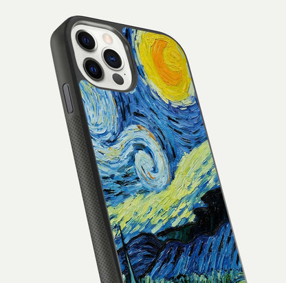 Inspired Van Gogh Art Glass Case for iPhone 11 Pro front and back view layout displaying vivid color tones and curved glass edges