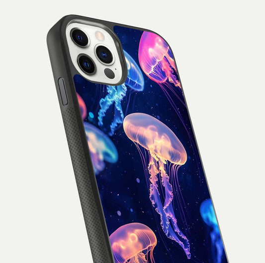 Jellyfish Pattern Glass Case for iPhone 11 Pro front and back view layout highlighting aquatic tones and curved edges
