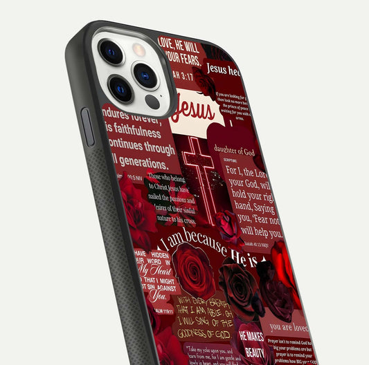 Jesus Love Heals Glass Case for iPhone 11 Pro front and back view layout with elegant typography and smooth edges