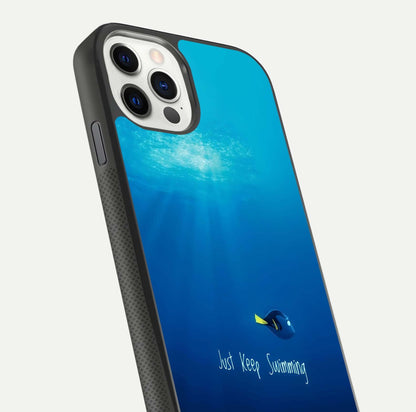 Just Keep Swimming Glass Case for iPhone 11 Pro front and back view layout with smooth glass edges and HD text clarity