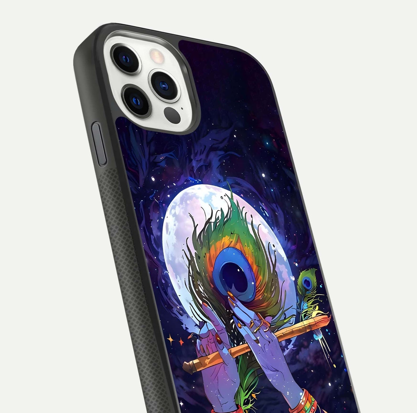 Krishna Hands Art Glass Case for iPhone 11 Pro front and back view layout displaying soft edges and spiritual tones