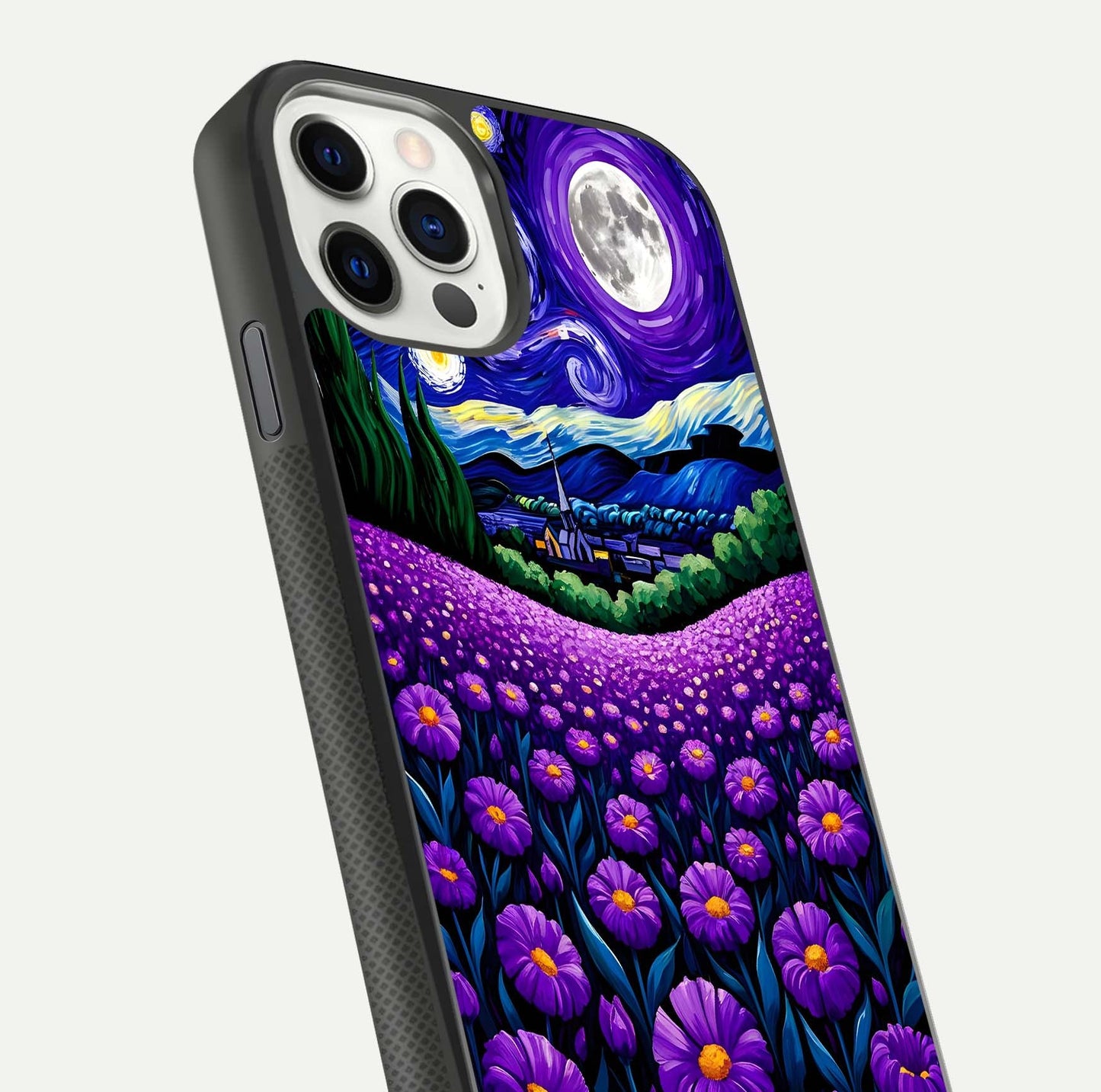 Lavender Moon Field Glass Case for iPhone 11 Pro front and back view layout with soft gradient and curved edges