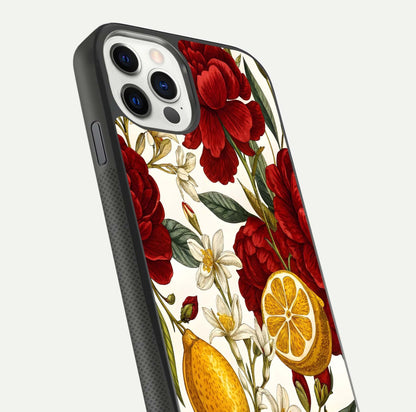 Lemon Rose Charm Glass Case for iPhone 11 Pro front & back layout highlighting soft yellow tones and curved edges