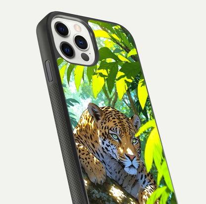 Leopard in Jungle Glass Case for iPhone 11 Pro front & back layout with premium edge detailing and vivid jungle art