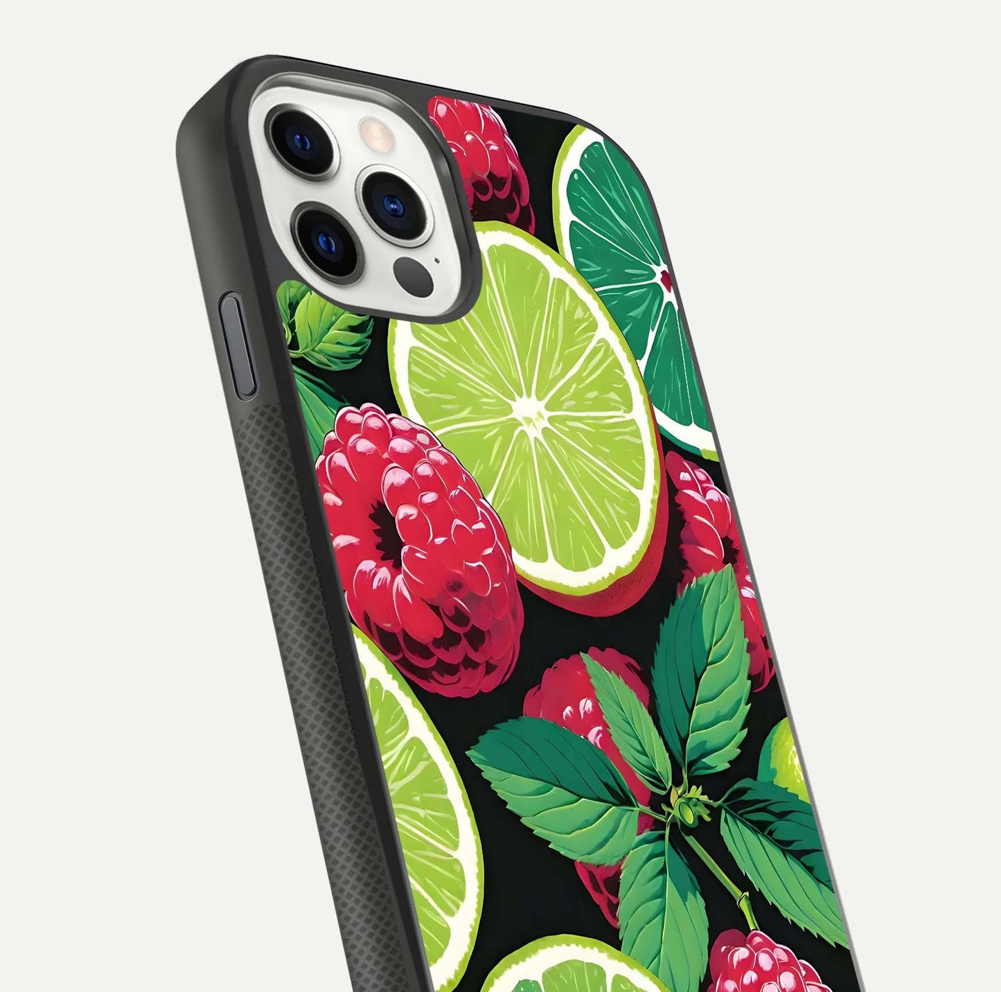 Lime and Raspberry Pattern Glass Case for iPhone 11 Pro front & back layout highlighting fresh summer tones