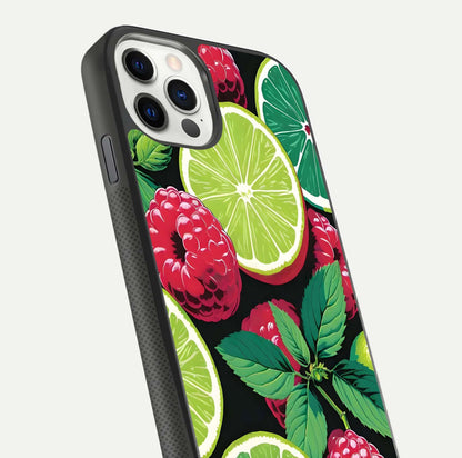 Lime and Raspberry Pattern Glass Case for iPhone 11 Pro front & back layout highlighting fresh summer tones