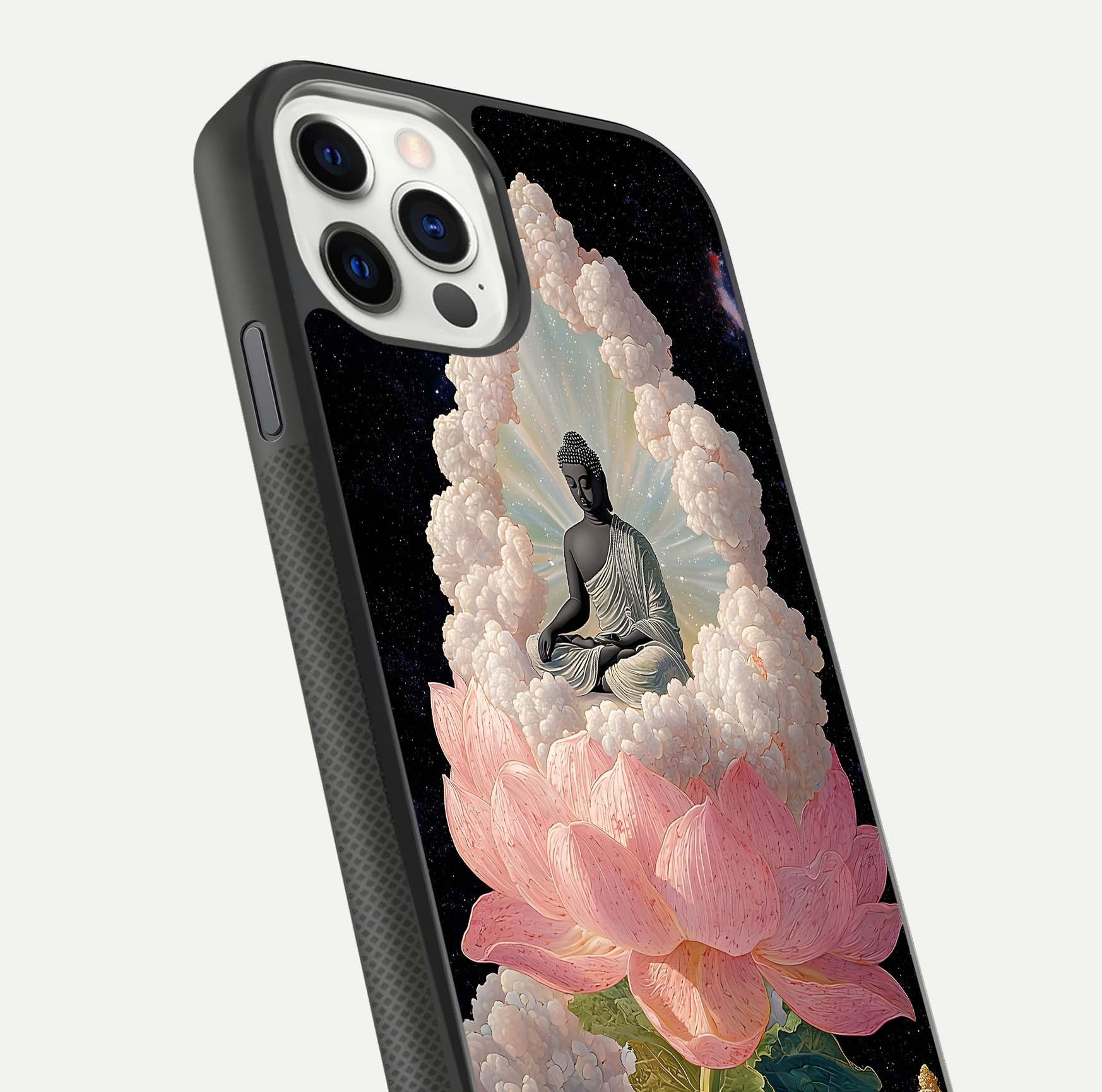 Lotus Divine Peace Glass Case for iPhone 11 Pro front & back layout highlighting soft pink hues and curved edges