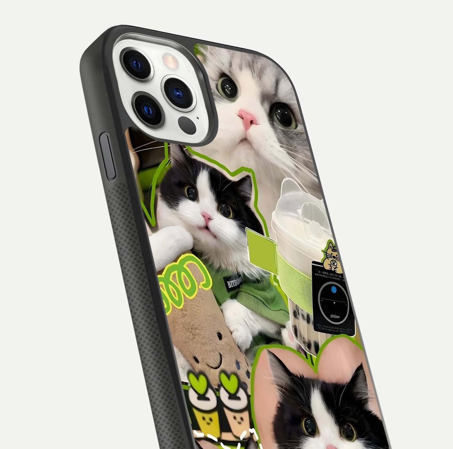 Matcha Cats Mood Glass Case for iPhone 11 Pro front & back layout highlighting cute theme and smooth edges
