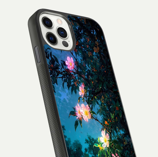 Midnight Bloom Glow Glass Case for iPhone 11 Pro front & back layout highlighting moody tones and smooth finish