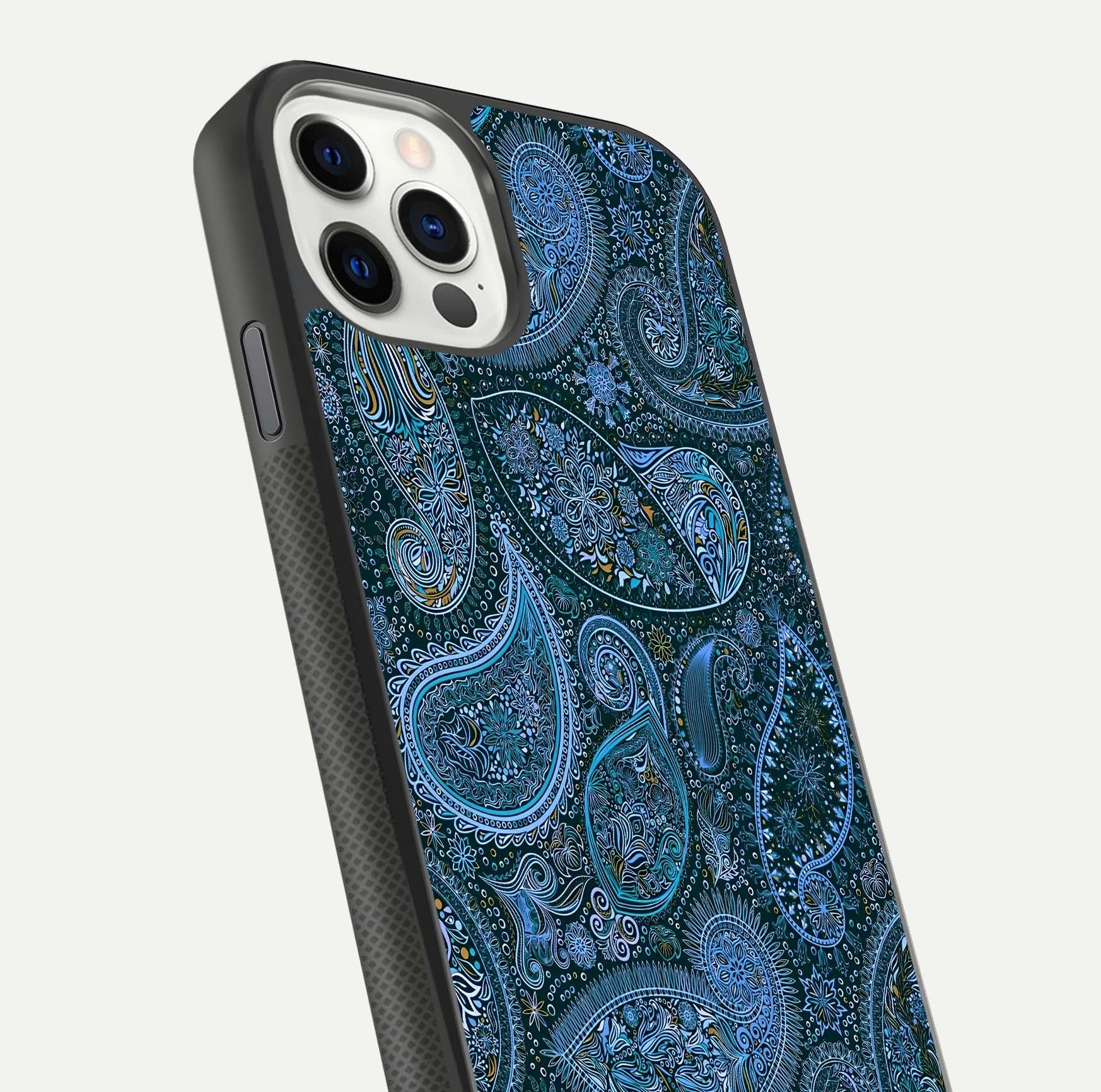 Midnight Paisley Glow Glass Case for iPhone 11 Pro front & back layout highlighting elegant edge finish