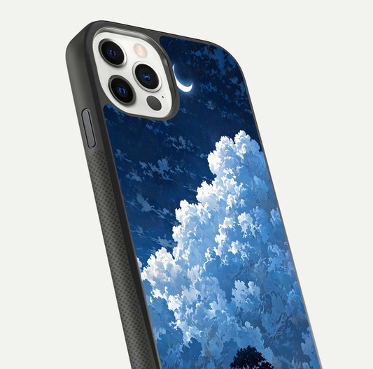 Midnight Sky Serenity Glass Case for iPhone 11 Pro front & back layout highlighting celestial art and curves