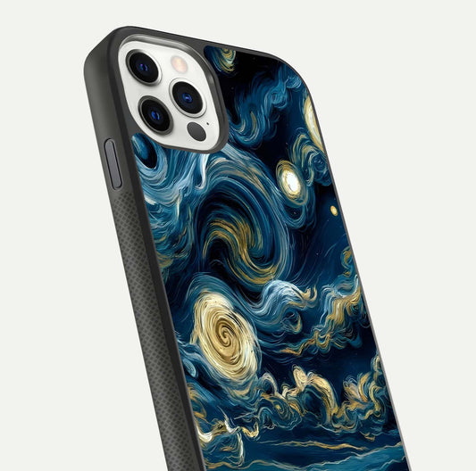 Midnight Sky Whirl Glass Case for iPhone 11 Pro front & back layout highlighting celestial movement art
