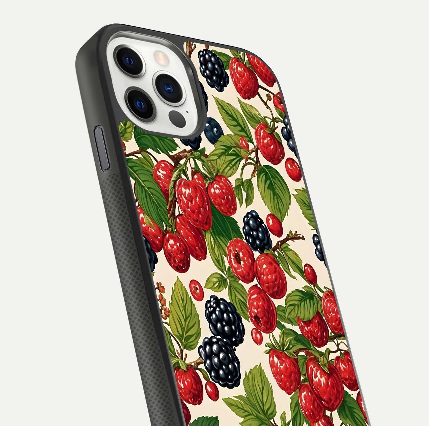 Mixed Berry Collage Glass Case for iPhone 11 Pro front & back layout highlighting colorful art and curved edges