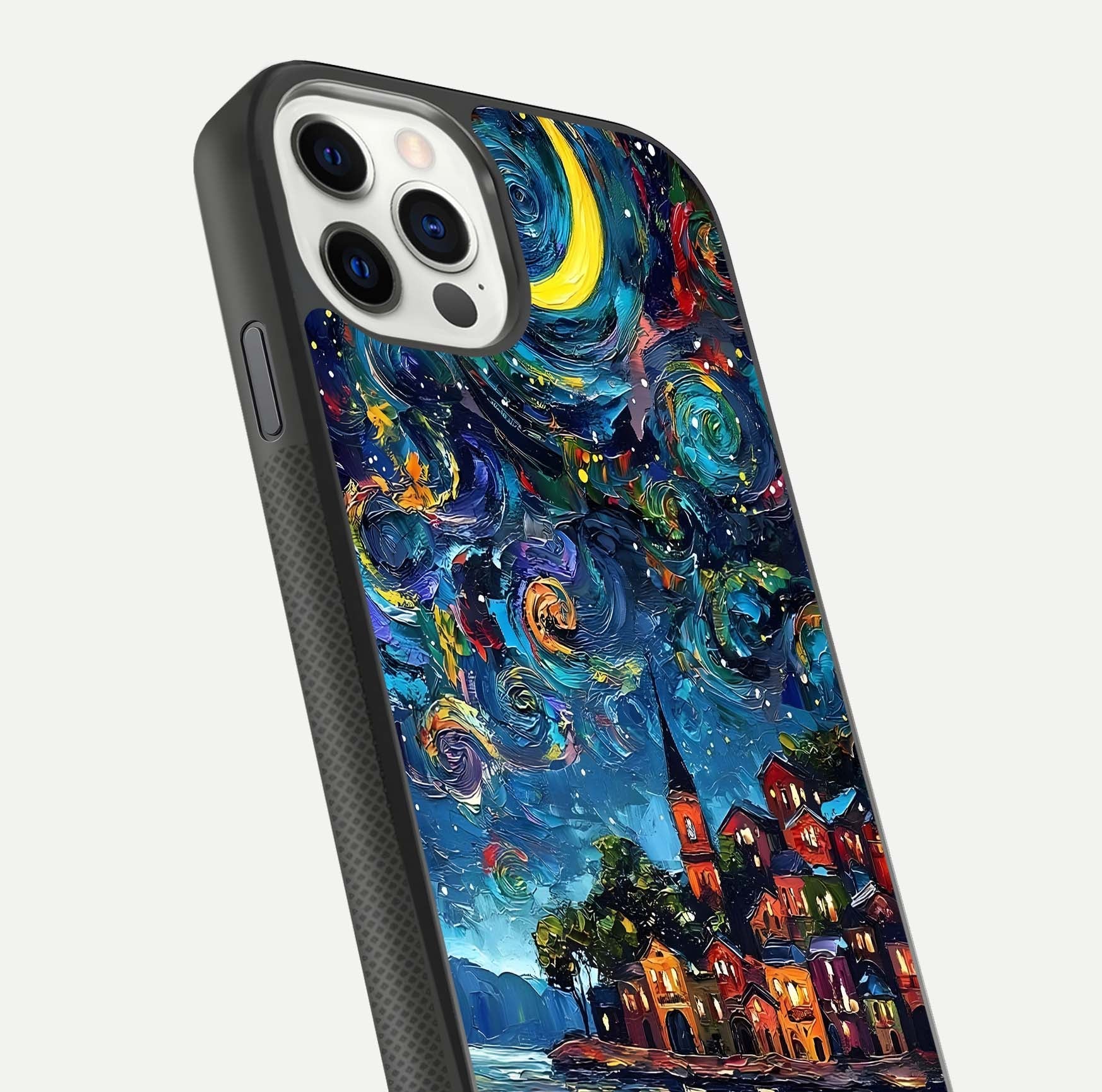 Moonlight Harbor Glow Glass Case for iPhone 11 Pro front & back layout highlighting calm harbor tones