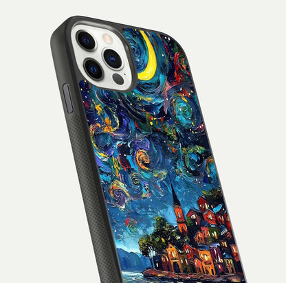 Moonlight Harbor Glow Glass Case for iPhone 11 Pro front & back layout highlighting calm harbor tones