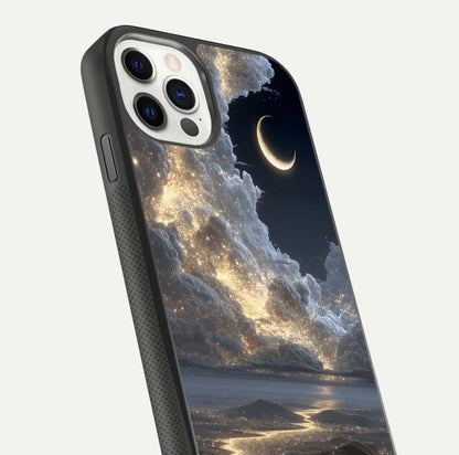 Moonlight Spark Path Glass Case for iPhone 11 Pro front & back layout highlighting calm tones and sleek edges