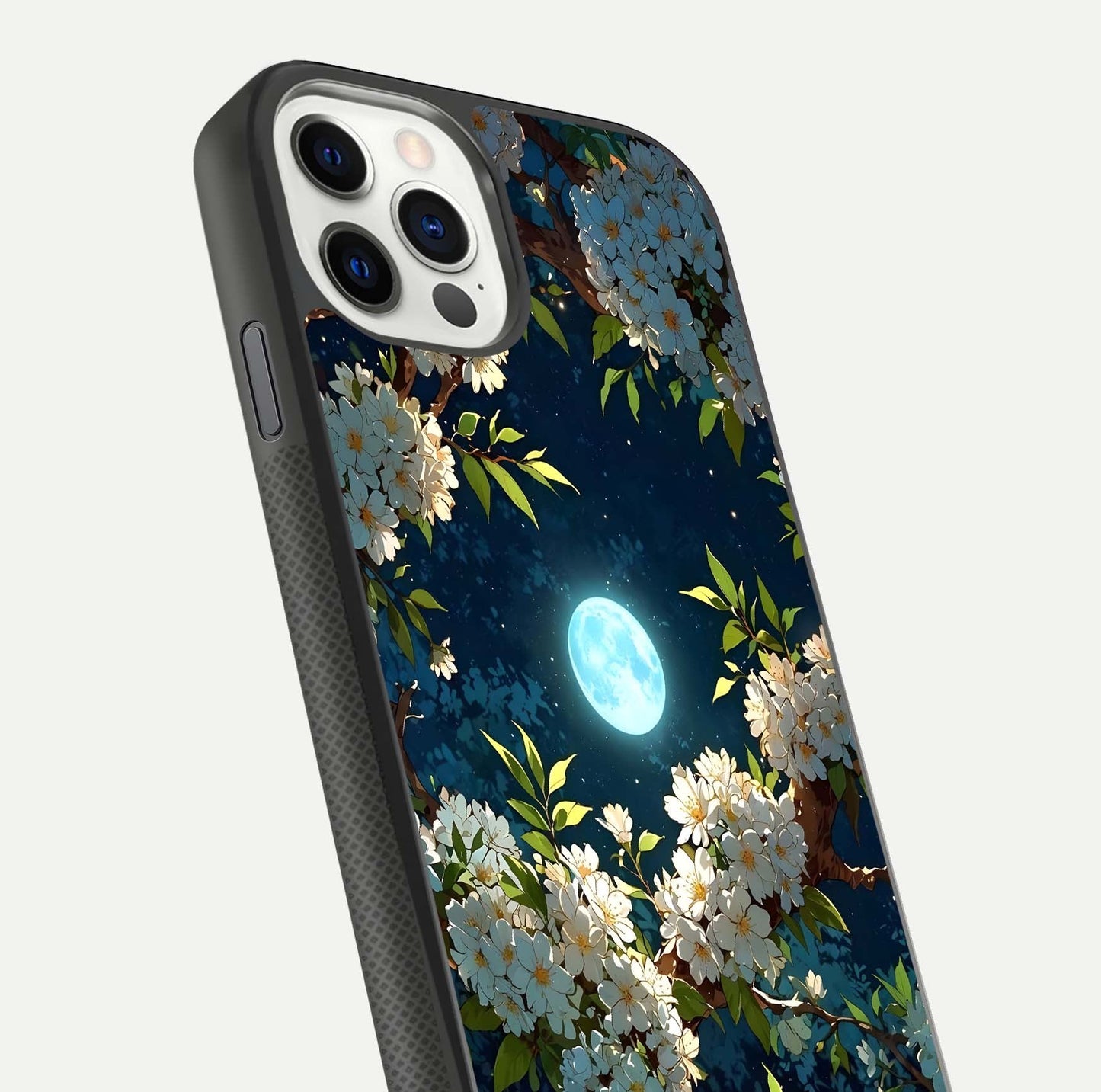 Moonlit Blossom Dream Glass Case for iPhone 11 Pro front & back layout highlighting moonlit tones and edges