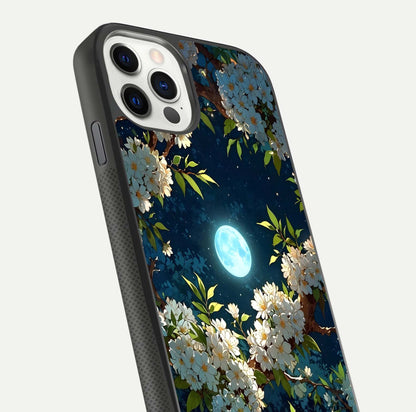 Moonlit Blossom Dream Glass Case for iPhone 11 Pro front & back layout highlighting moonlit tones and edges