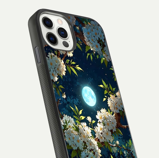Moonlit Blossom Dream Glass Case for iPhone 11 Pro front & back layout highlighting moonlit tones and edges