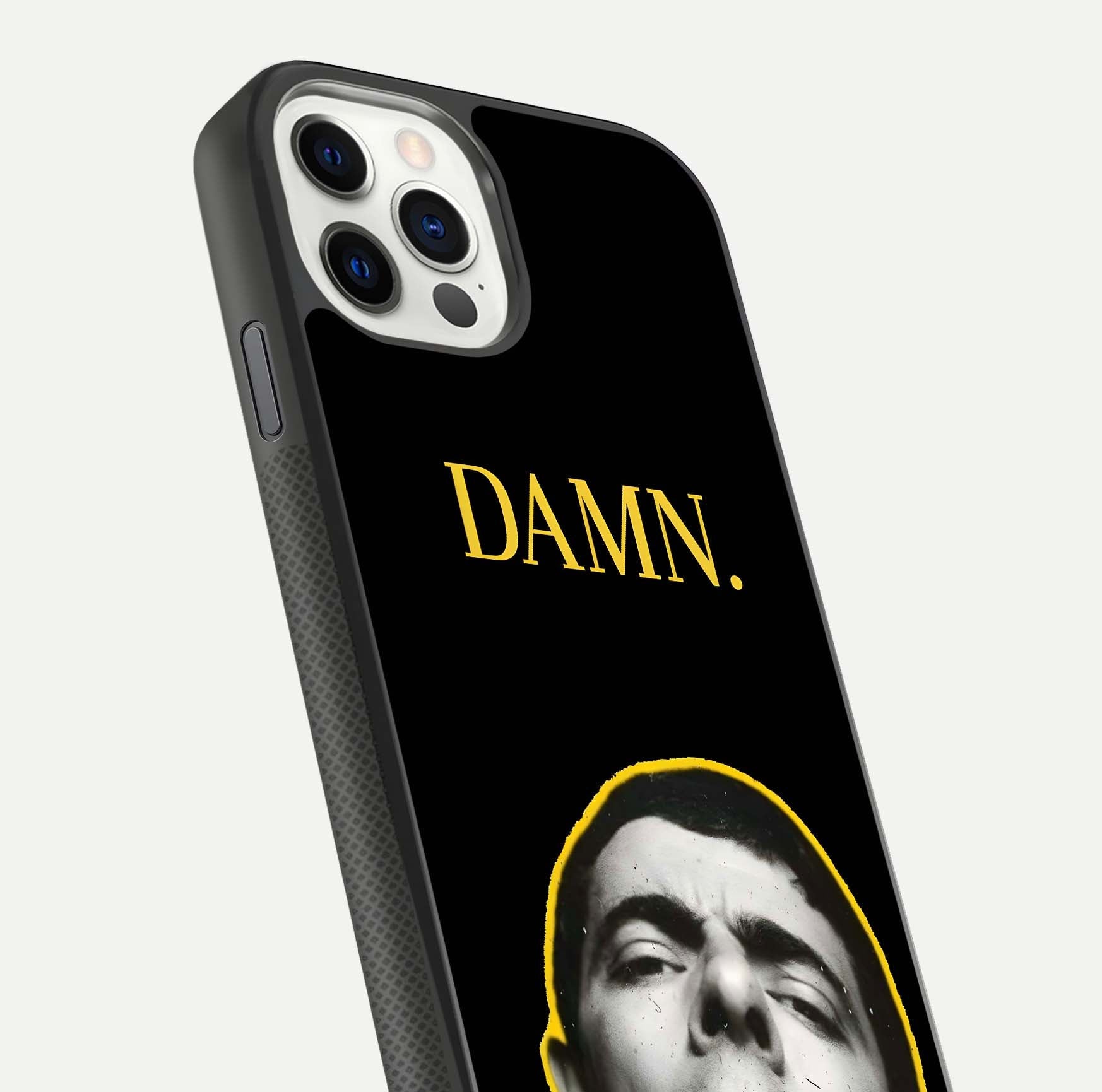 Mr Bean Damn Glass Case for iPhone 11 Pro front & back layout displaying fun artwork and curved smooth edges