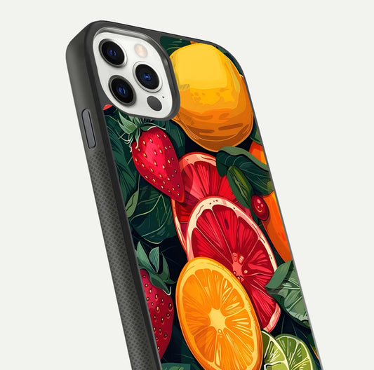 Multiple Fruits Glass Case for iPhone 11 Pro front & back layout highlighting vibrant tones and curved edges