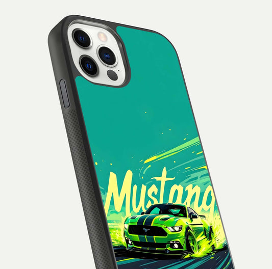 Mustang Bang Glass Case for iPhone 11 Pro front & back layout highlighting dark automotive tones and edge detail