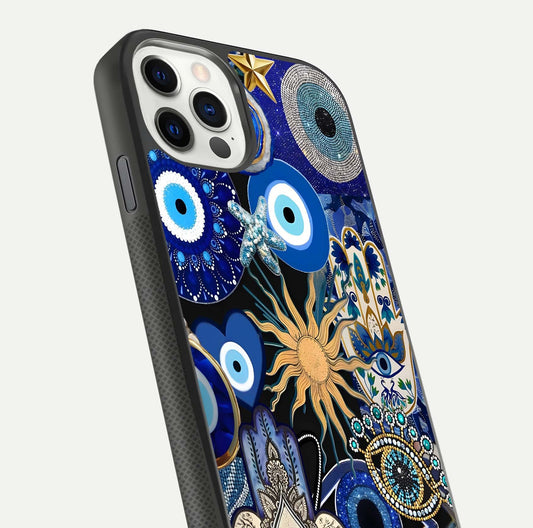 Mystic Blue Evil Eye Glass Case for iPhone 11 Pro front & back layout showing elegant tones and edge finish