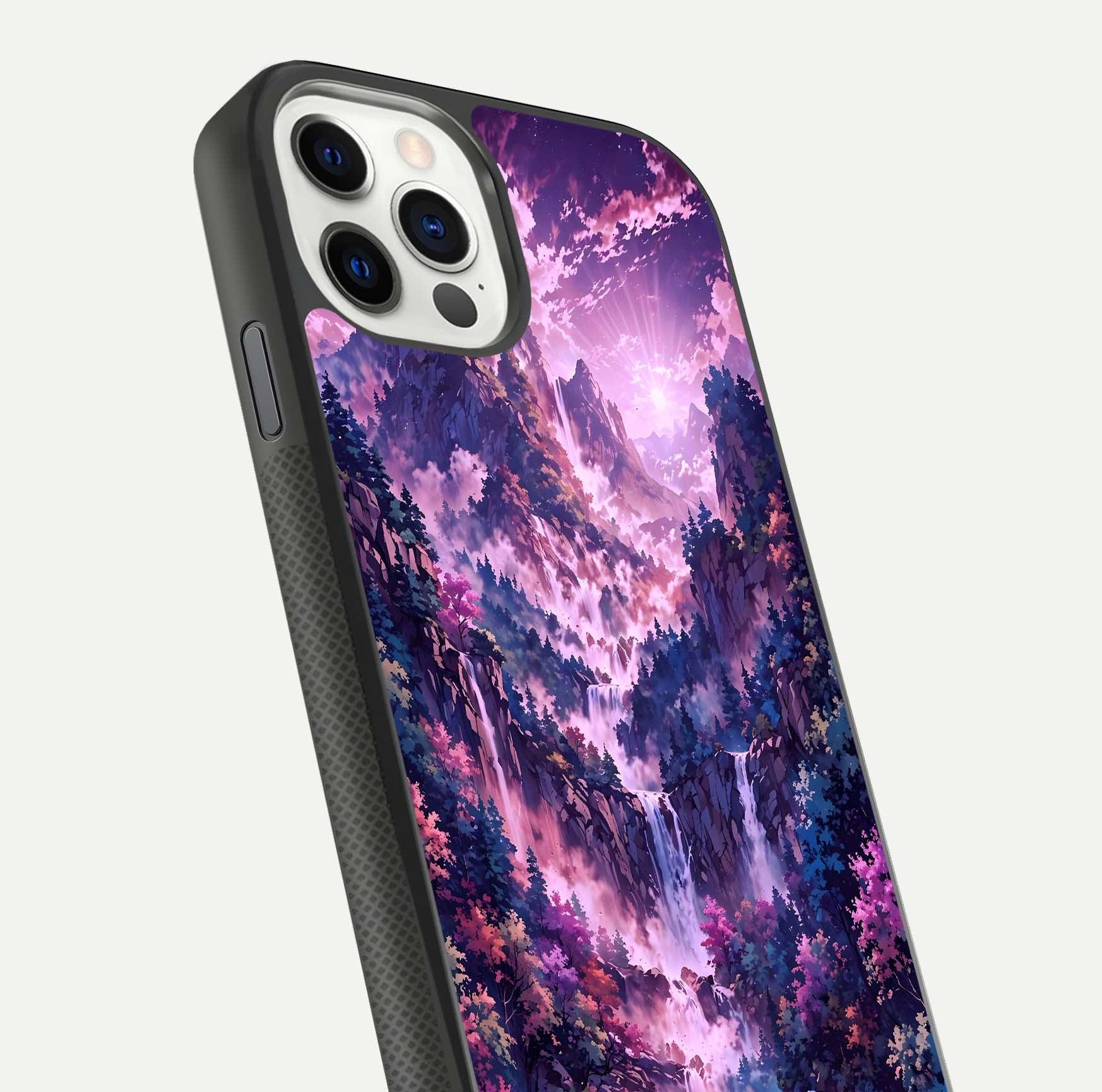 Mystic Cascade Peaks Glass Case for iPhone 11 Pro front & back layout highlighting HD landscape tones