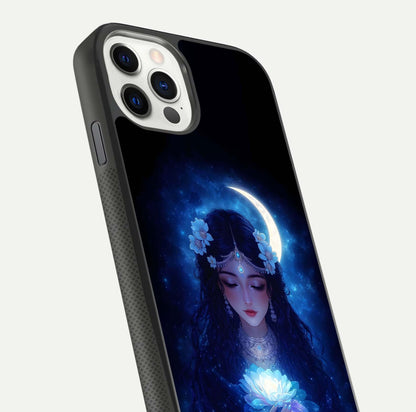 Mystic Moon Queen Glass Case for iPhone 11 Pro front & back layout highlighting divine illustration and edges