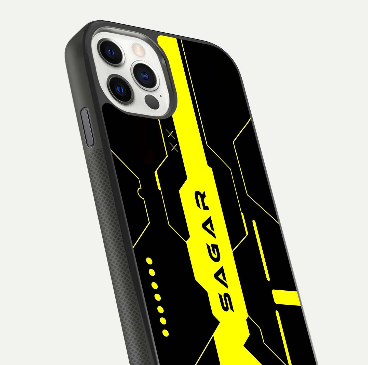 Neon CYBERPUNK Custom Name Glass Case for iPhone 11 Pro front & back layout showing tech art and custom edge